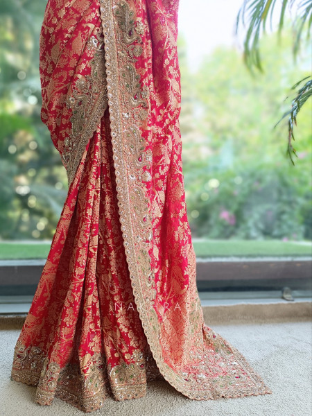 Kundan-Crested Red Banarasi Katan Silk Saree with Readymade Blouse