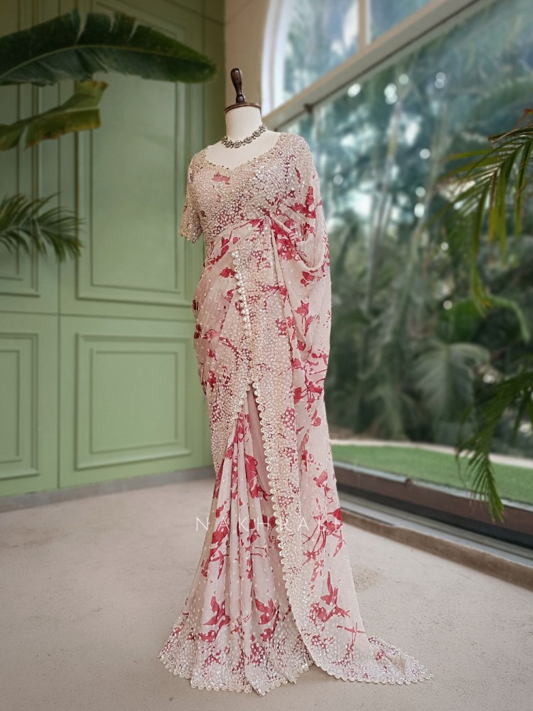 Image of Scarlet Cream Saree with Floral Print &amp; Heavy Embellished Readymade Blouse
