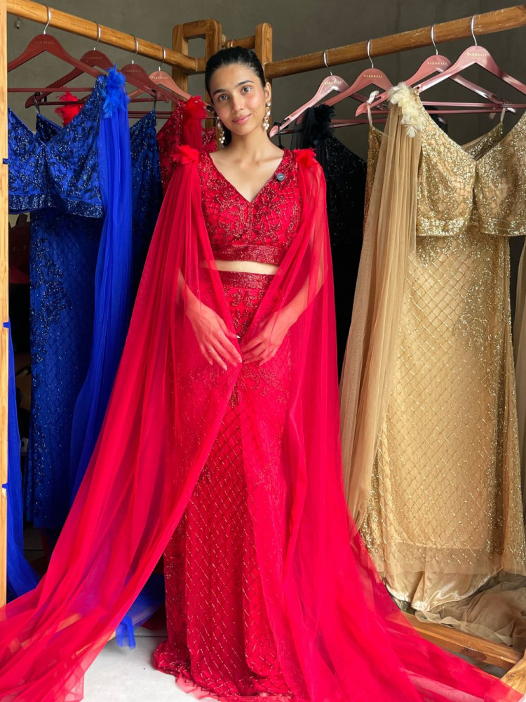 Image of Nova Red Crop Top &amp; Skirt Set with Cut Dana Work