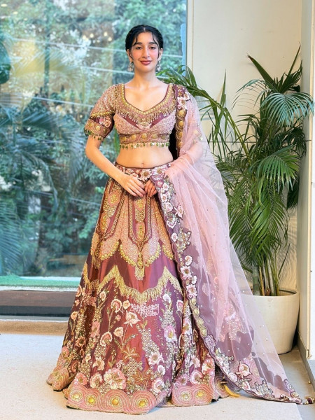 Mihrab Bloom Maroon Raw Silk, Satin-Silk & Tulle Net Lehenga