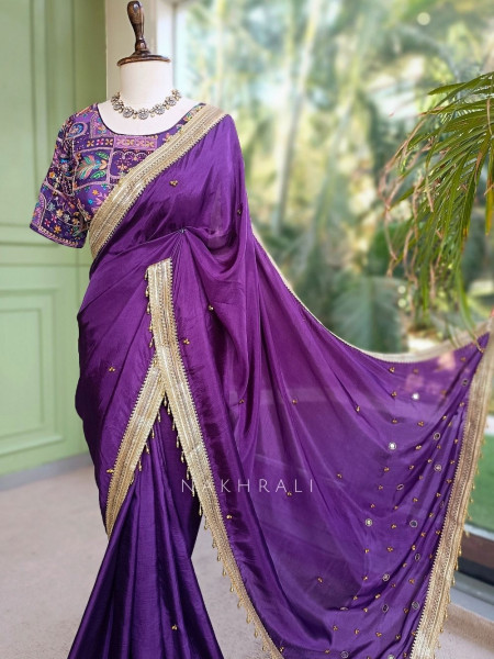 Rati Purple Saree with Gota Patti Border & Multicolor Embroidered Readymade Blouse