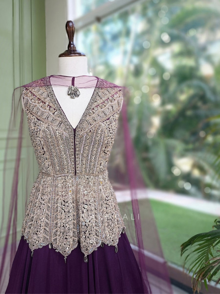 Seravelle Purple Net & Georgette Indo-Western Peplum Lehenga Set