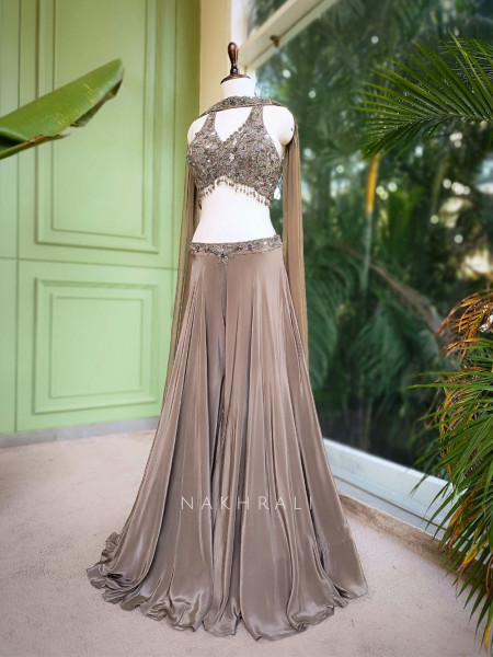 Avelyn Grey Crop Top Palazzo Set with Sequin & Cut Dana Work