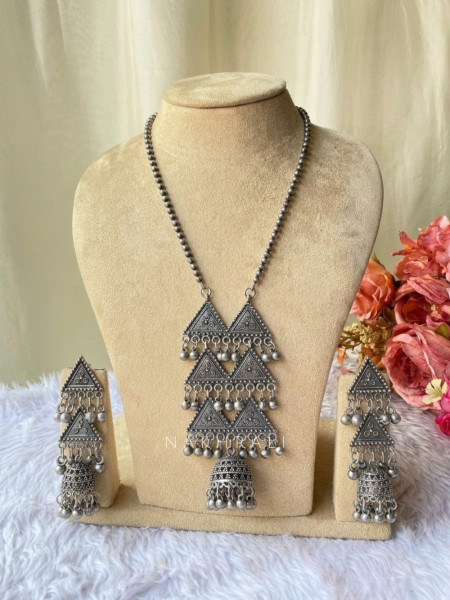 Trikonika Oxidised Silver Long Necklace Set