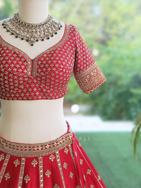 Zardozi Lattice Red Raw Silk & Soft Net Bridal Lehenga