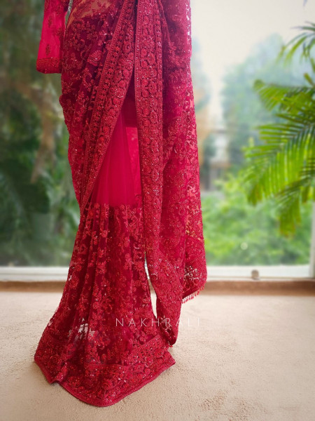 Scarlet Bloom Red Net Saree with Sequin and Stone Embroidery