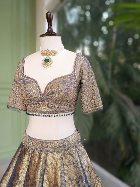 Aavika Blue Brocade Lehenga Set with Sequin Embroidery