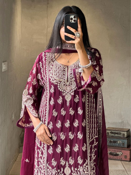 Avani Wine Georgette Gharara Suit Set with Cut Dana, Zari & Sequin Work