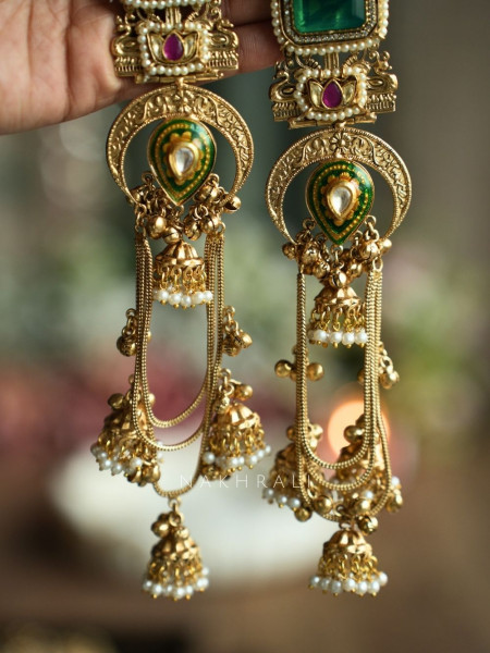 Alora Forest Green Stone Long Kashmiri Earring
