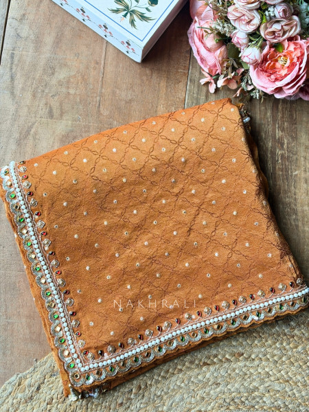 Kundankaari Brown Crushed Chinon Saree