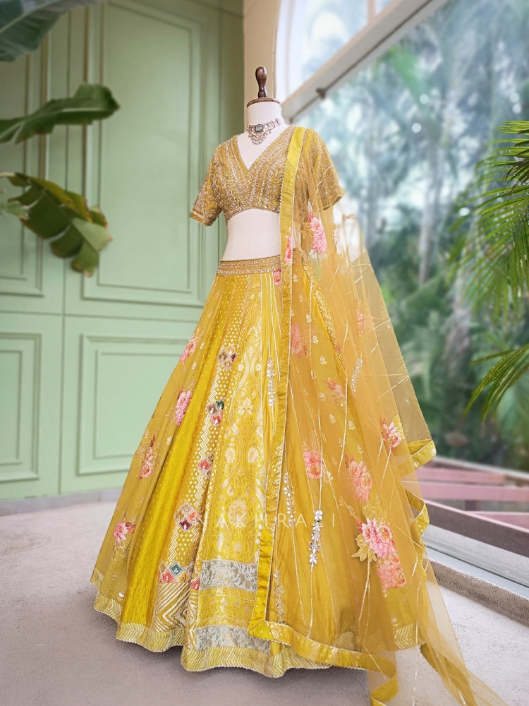 Image of Gilded Fern Mehendi Green Banarasi Silk &amp; Georgette Lehenga Choli