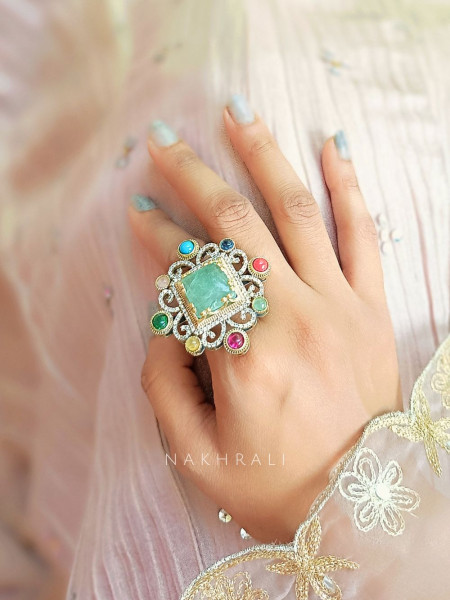 Regalia Green Kundan Ring with Multi-Colored Stones