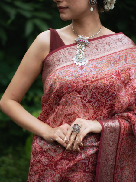 Rudra Red Silk Saree with Brocade Border and Stone Work
