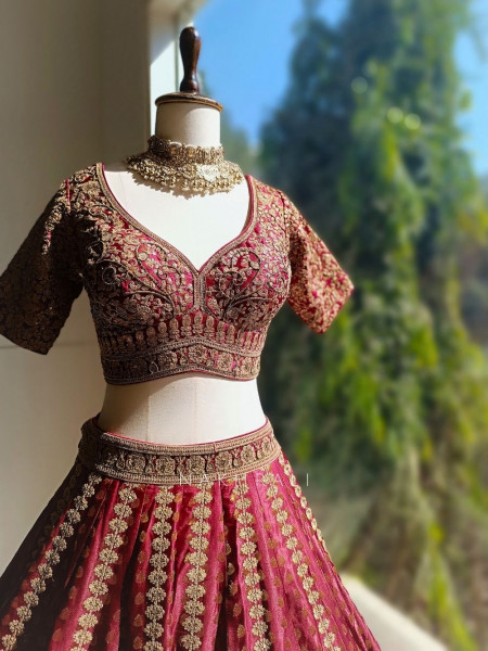 Rivaya Maroon Bridal Lehenga with Zari Sequin and Gota Work