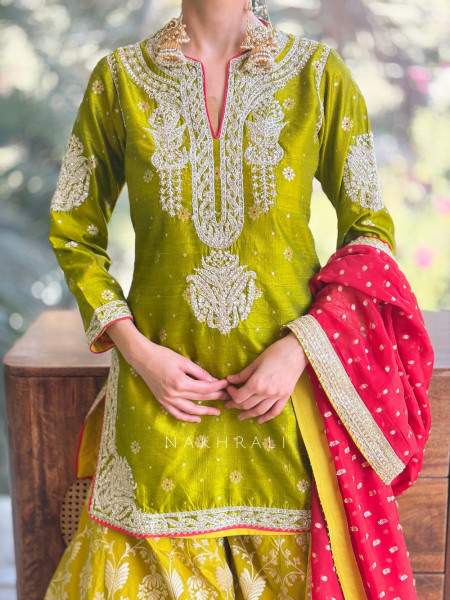 Anokhi Olive Green Zari Sequin Suit Set with Contrast Dupatta