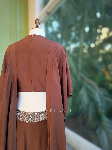 Mocha Veil Embroidered Crop Top Palazzo Set with Cape Jacket