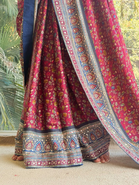 Maroon Floral Ajrak Modal Silk Saree