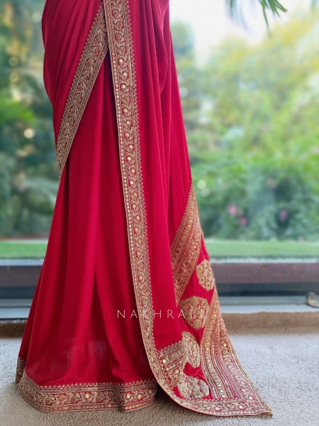 Gilded Borderways Red Chinnon Silk Saree with Running Blouse