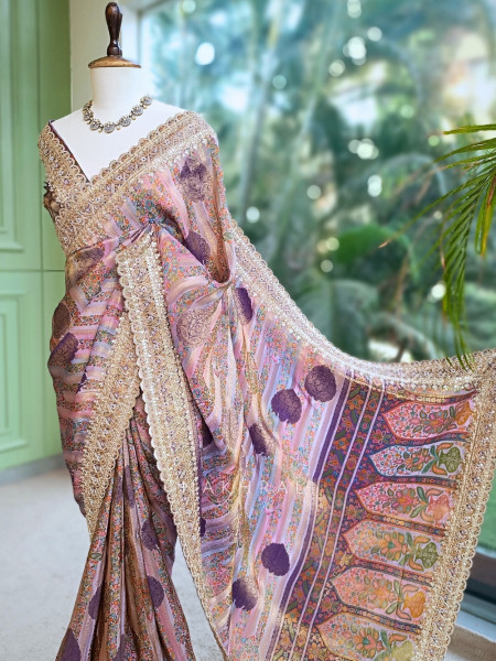 Resham Kyari Purple Crepe Silk Printed Saree