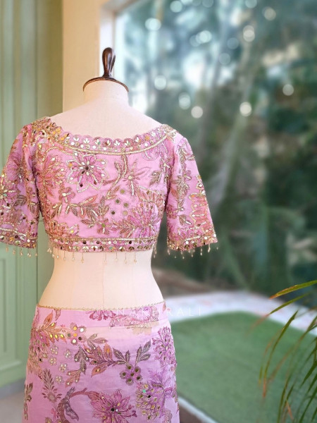 Petal Gleam Lavender Floral Silk Organza Saree