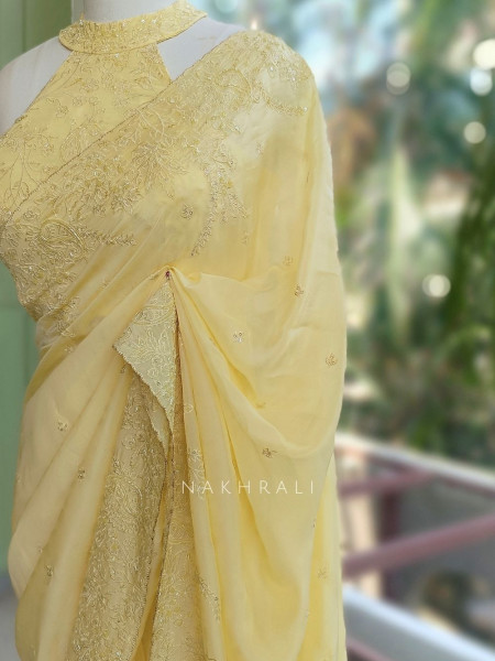 Oshni Yellow Saree with Readymade Halter Blouse