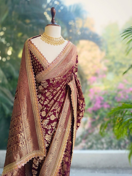 Soraya Wine Silk Saree with Zari and Sequin Work