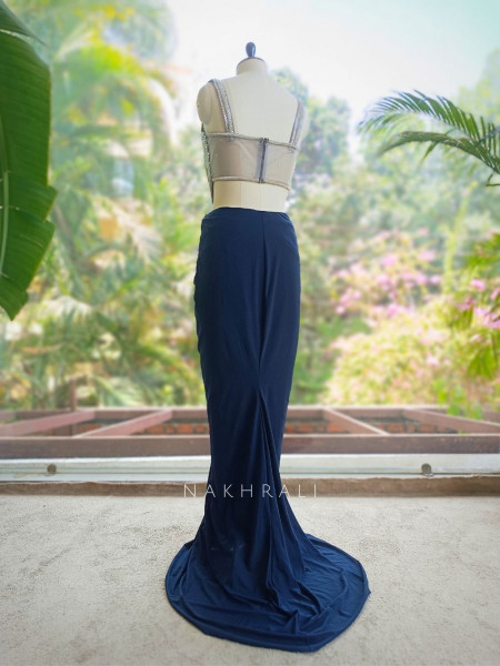 Blue Indo Western Skirt Set with Mirror and Bead Work