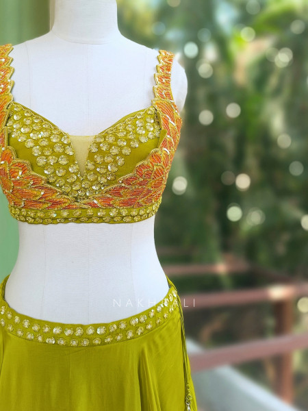 Parrot Green Indo Western Drape Skirt Set with Floral Sequin Embellished Blouse