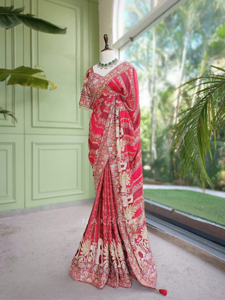 Image of Dia Red Tussar-Crepe Blend Saree with Readymade Blouse