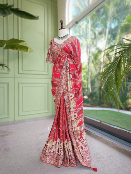 Dia Red Tussar-Crepe Blend Saree with Readymade Blouse