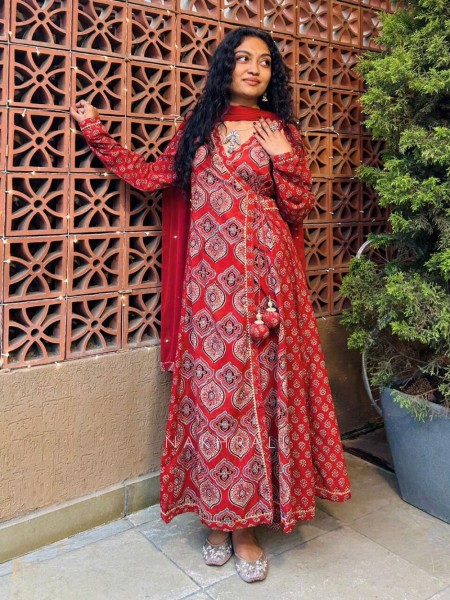 Cotton Ajrakh Print Angrakha Anarkali Suit with Gota Detailing