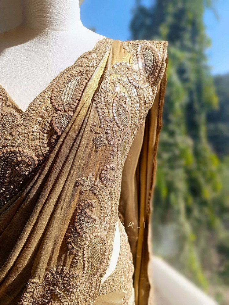 Image of Svarna Rekha Gold Saree with Zari Zardozi Work