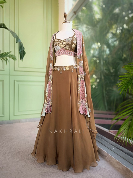 Gulvani Brown Indo-Western Lehenga Set with Zari, Sequin and Bead Work