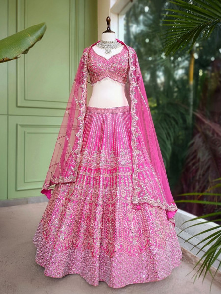 Aarvi Pink Raw Silk Lehenga with Beads, Sequins and Mirror Work