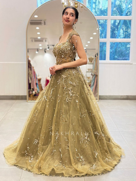 Chandelier Crystal Green Shoulder Drops Gown