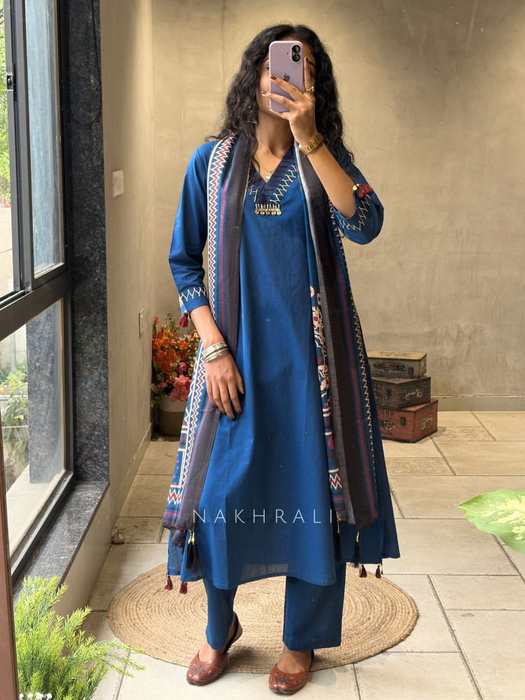 Image of Nerisa Blue Suit Set with Printed Dupatta and Thread Work