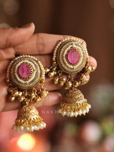 Ruhani Pink Stone Jhumka Earrings