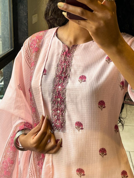 Meher Peach Kota Doria Suit Set with Floral Print