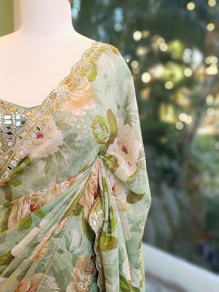 Flora Green Floral Saree with Mirror & Gota Work