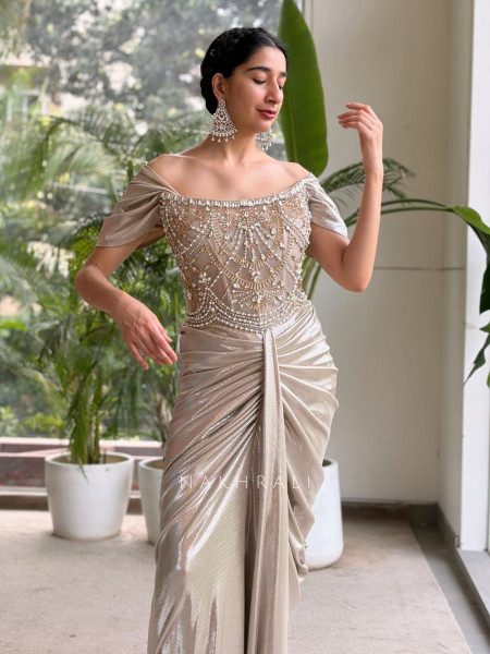 Nivelle Grey Indo-Western Gown with Bead Sequin Work