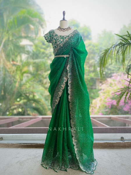 Noorwyn Green Saree with Cut Dana Sequin Work