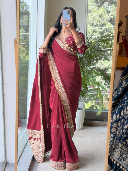 Thalassa Coin Maroon Chinon Georgette Saree