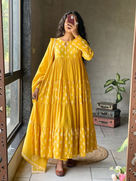Mihira Yellow Cotton Anarkali Suit Set with Printed Dupatta
