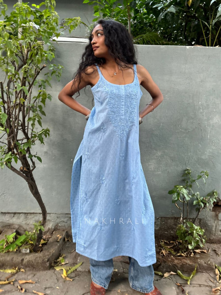 Sunbreeze Blue Cotton Chikankari Sleeveless Kurti with Embroidery