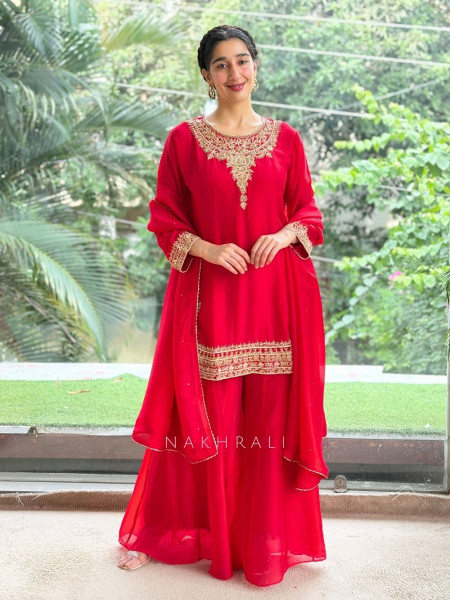 Noor-e-Kanti  Red Chanderi Silk Suit Set