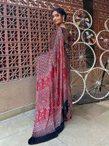 Chitra Maroon Modal Silk Saree With Ajrakh Print