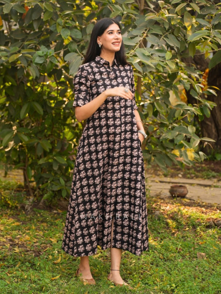 Rihana Black Cotton Block Printed Button-Down Dress