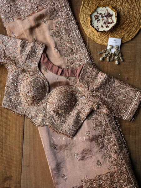 Rivaan Brown Saree with Cut Dana Sequin Embroidery and Readymade Blouse