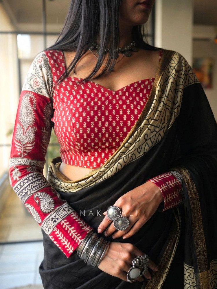 Image of Sutr-rang Red Blouse Mixed Print Detail