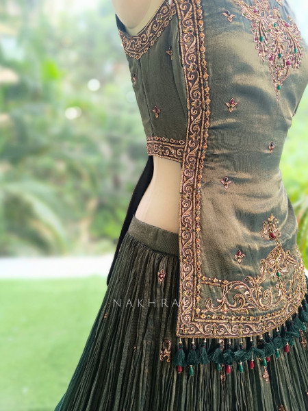 Twilight Moss Olive Green Metallic Tissue Silk Indo-Western Lehenga
